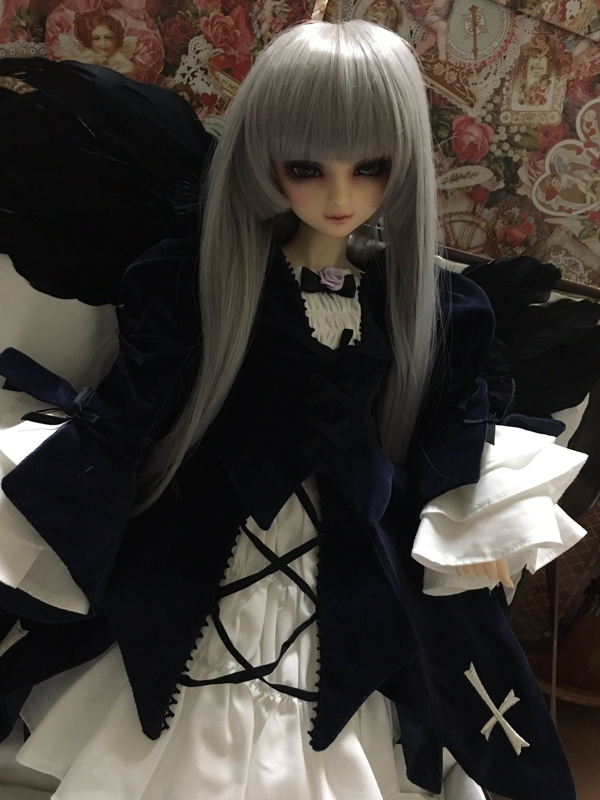 1girl bangs blonde_hair blunt_bangs closed_mouth doll dress flower lace lips long_hair looking_at_viewer solo suigintou white_hair wings