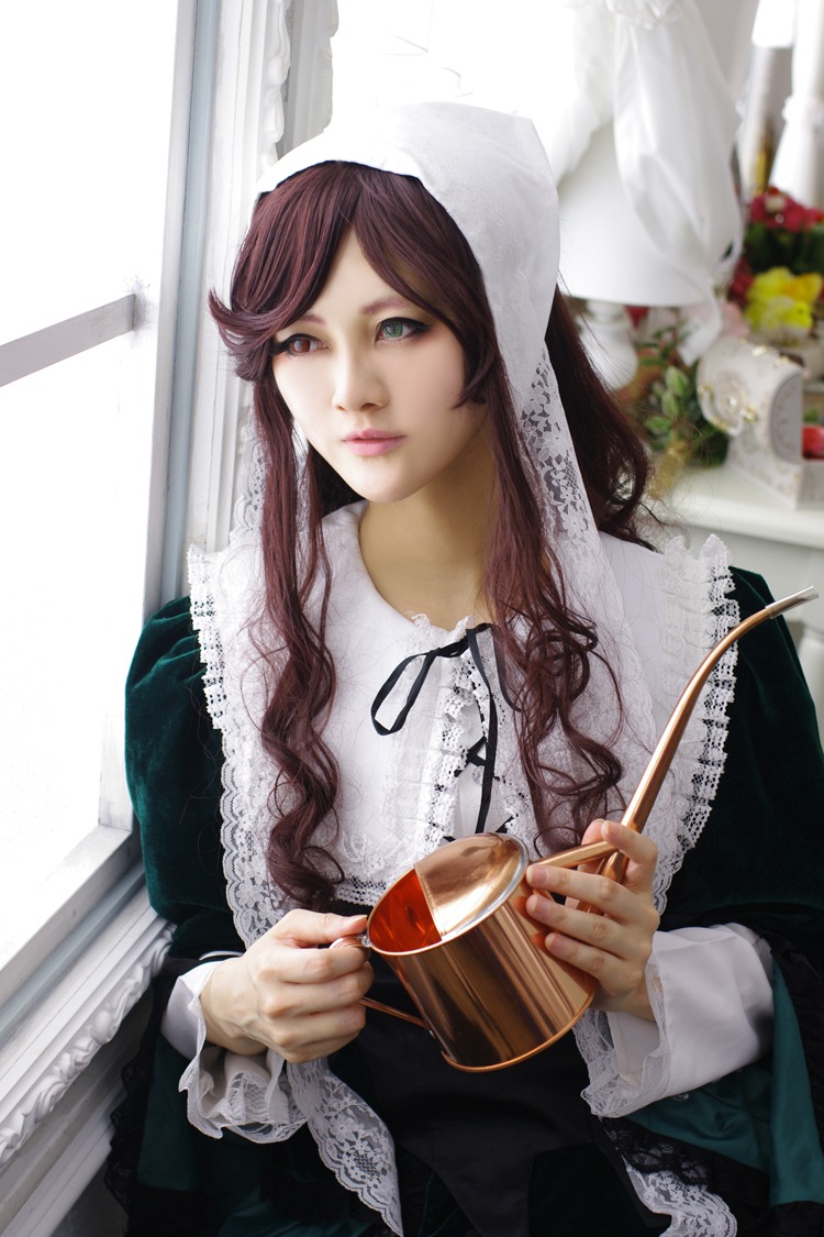 1girl brown_hair cup dress drinking_glass frills green_eyes heterochromia holding_cup indoors lace lips long_hair long_sleeves looking_at_viewer solo suiseiseki wine_glass