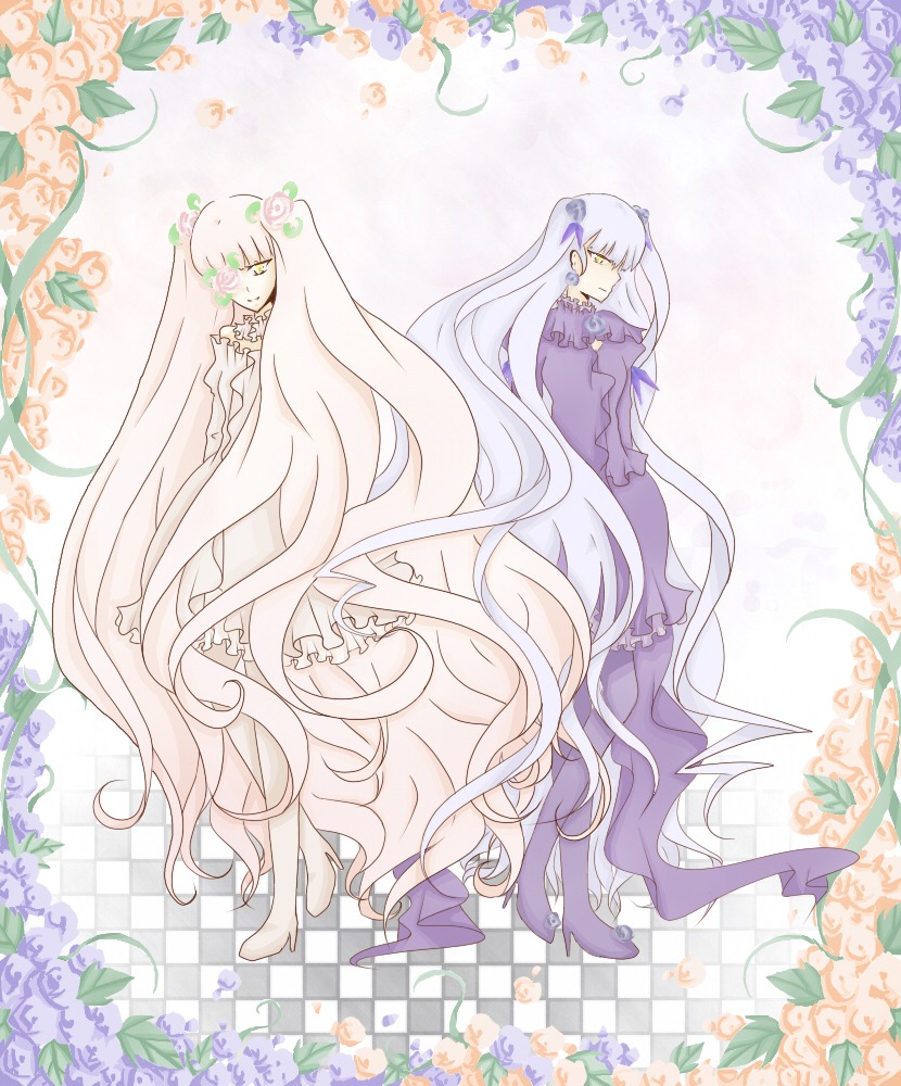 2girls argyle argyle_background argyle_legwear barasuishou checkered checkered_background checkered_floor dress flower image kirakishou long_hair multiple_girls pair tile_floor very_long_hair vines white_hair