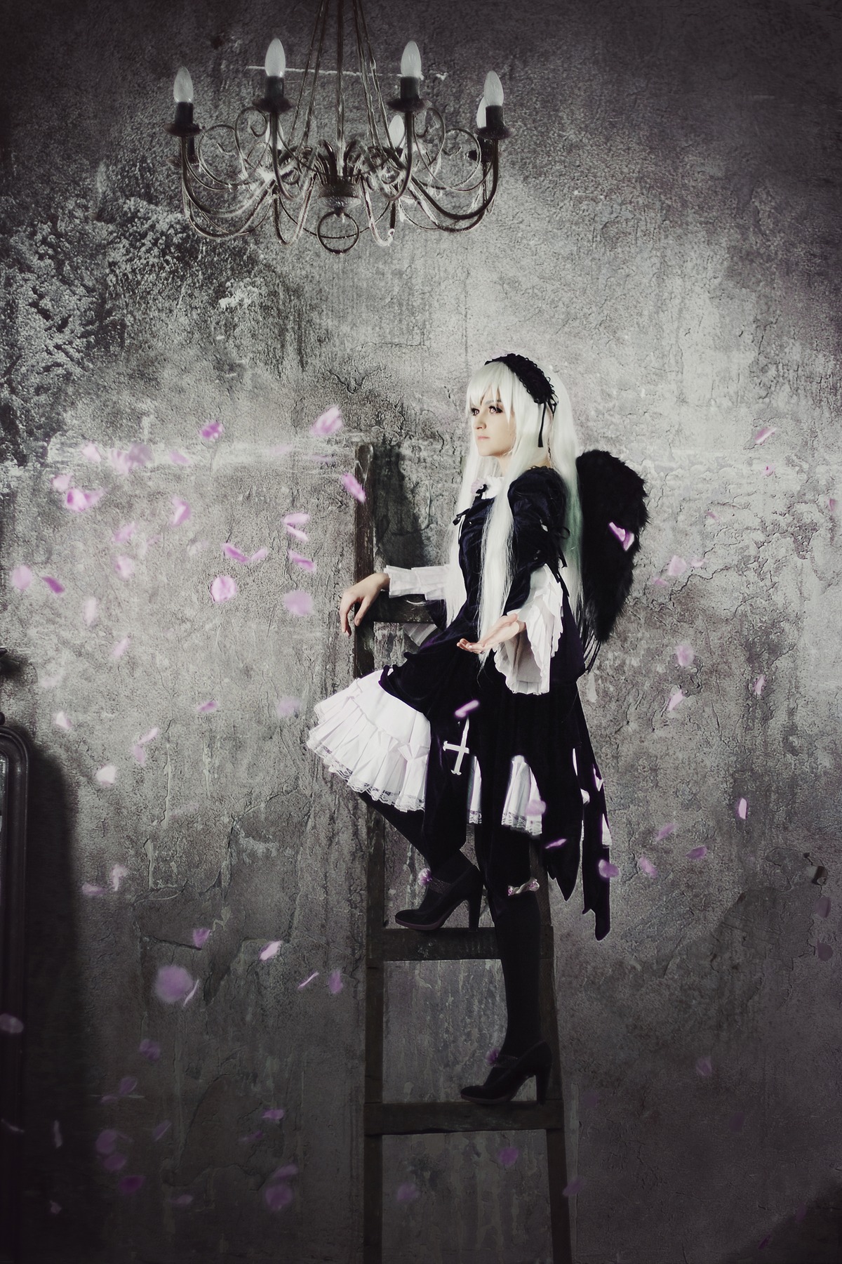 1girl cherry_blossoms dress hairband petals short_hair sitting solo standing suigintou