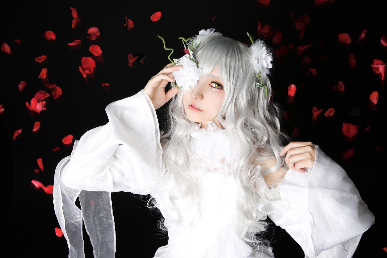 1girl black_background flower kirakishou lips long_hair long_sleeves looking_at_viewer petals rose_petals solo sweater upper_body white_hair