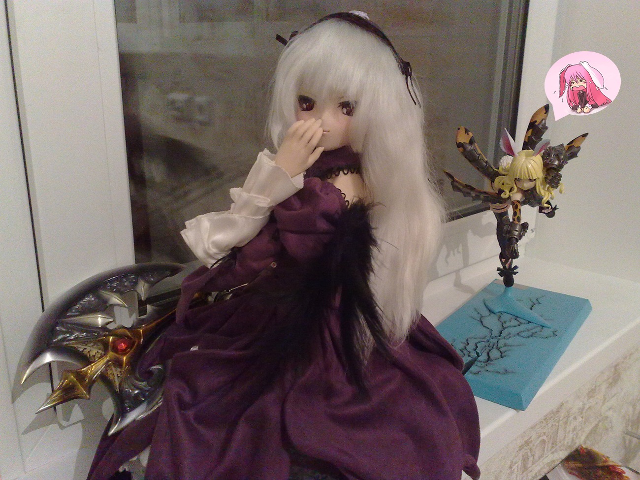 animal_ears blonde_hair bunny_ears crown doll dress multiple_girls solo suigintou weapon white_hair