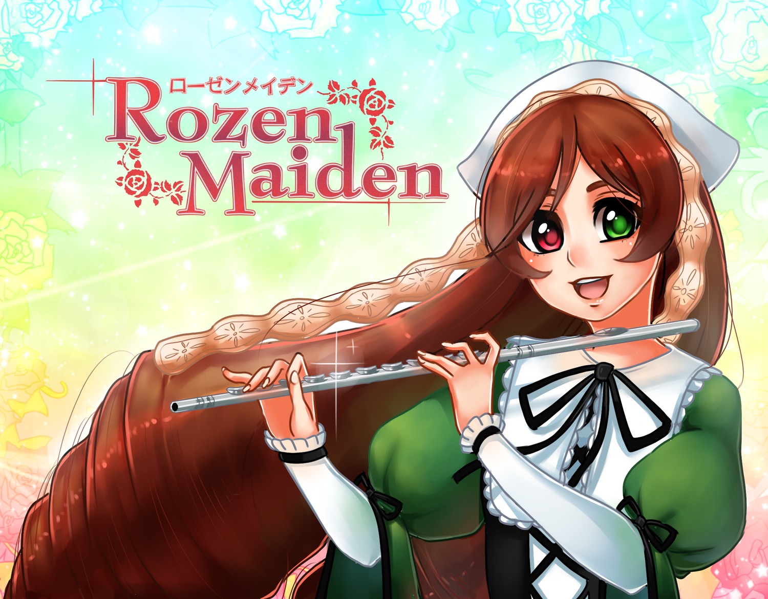 1girl brown_hair dress flower green_dress green_eyes head_scarf heterochromia image instrument long_hair long_sleeves open_mouth red_eyes rose smile solo suiseiseki