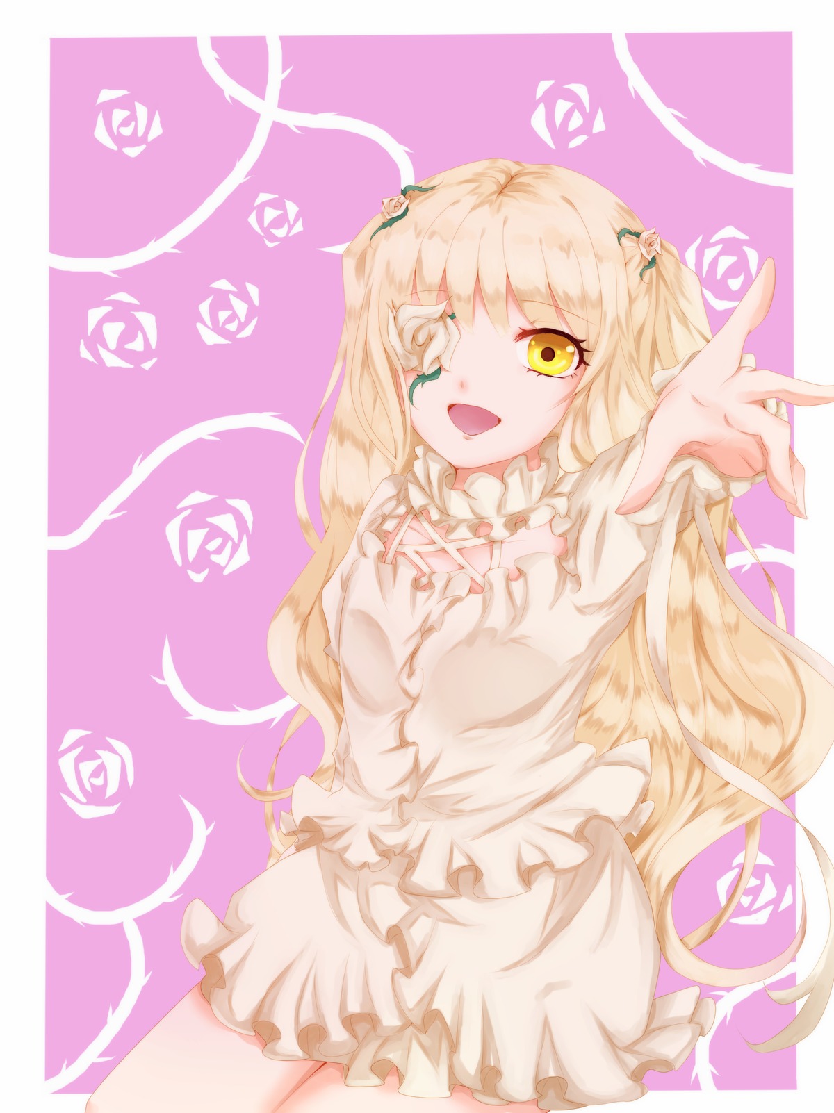 1girl blonde_hair dress flower frills hair_ornament image kirakishou long_hair one_eye_closed open_mouth outstretched_hand rose smile solo yellow_eyes