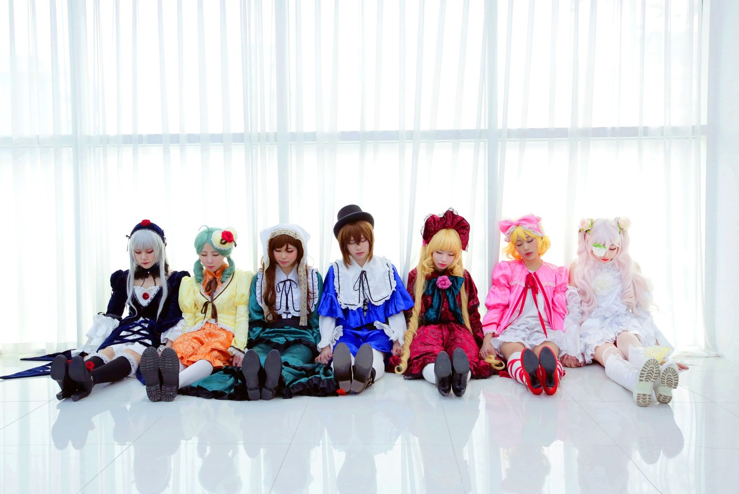 beret black_footwear black_legwear blonde_hair boots brown_hair dress eyepatch gloves gun hat holding_weapon jacket long_hair long_sleeves multiple_cosplay multiple_girls pantyhose rifle shoes silver_hair sitting skirt smile standing striped tagme weapon white_legwear window
