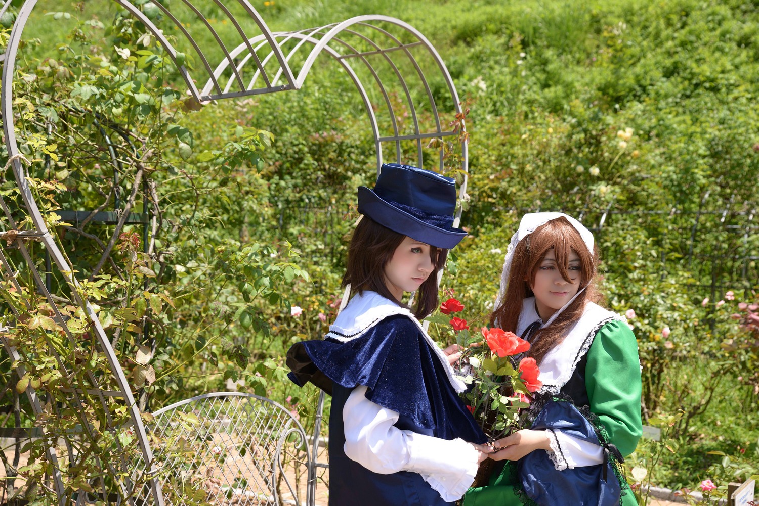 2girls blue_headwear brown_hair day dress flower garden hat long_hair long_sleeves looking_at_viewer multiple_cosplay multiple_girls outdoors tagme tree