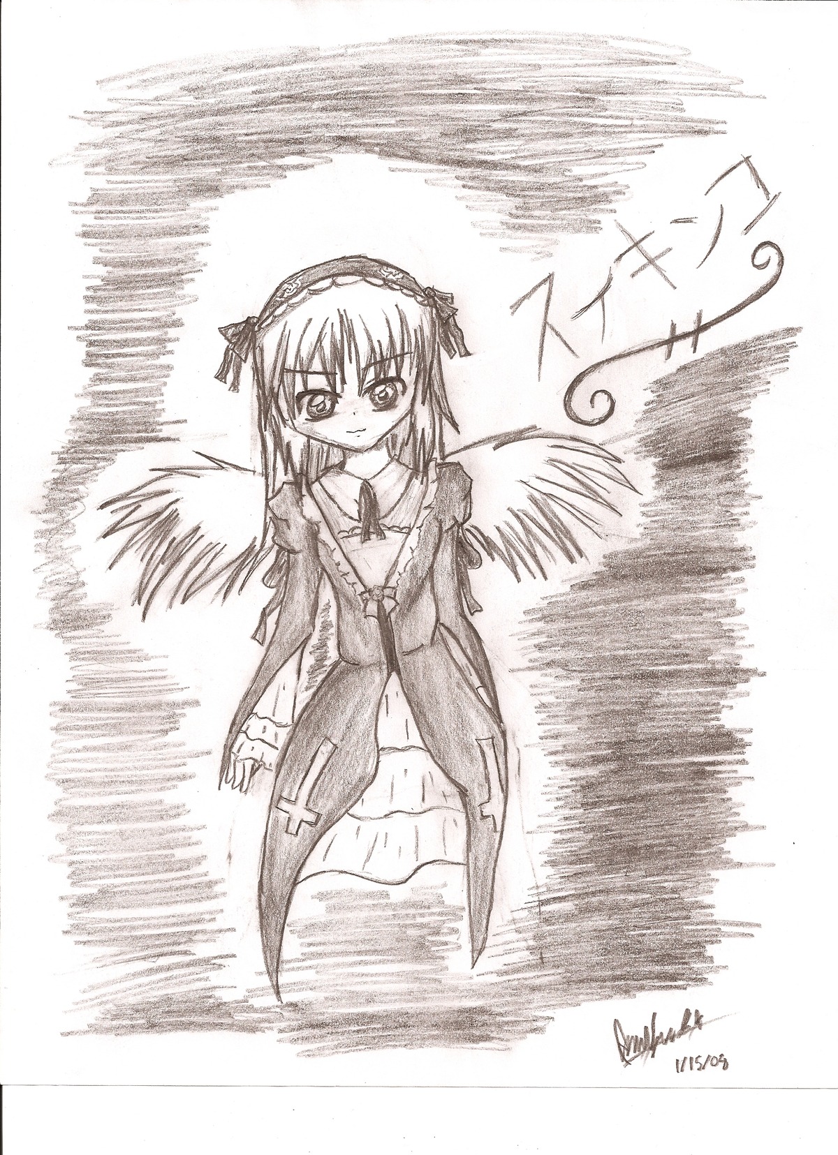 1girl black_wings blush detached_collar dress flower frilled_sleeves frills full_body greyscale hairband image long_hair long_sleeves looking_at_viewer monochrome simple_background solo suigintou white_background wings