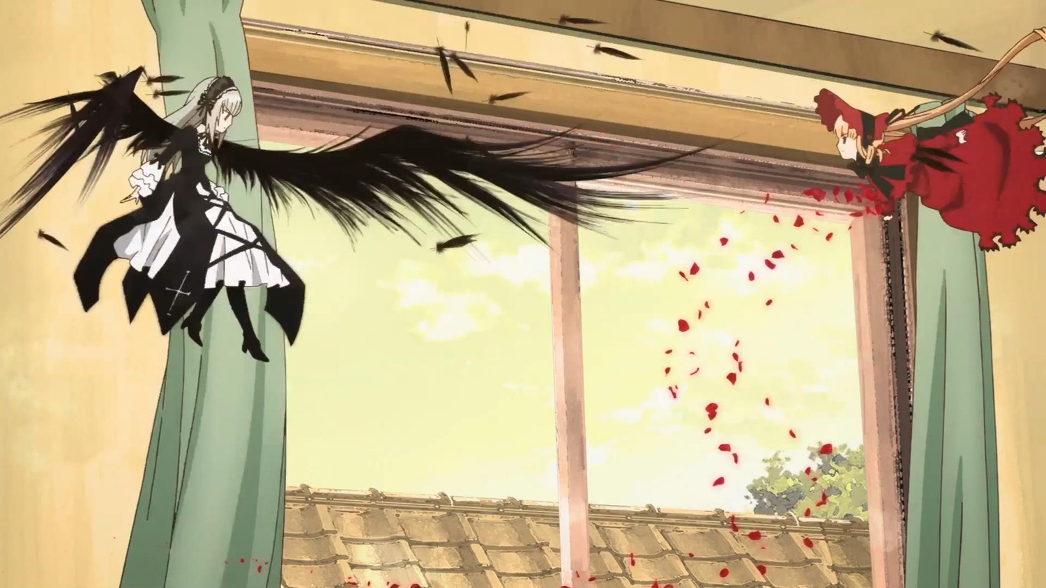 2girls black_wings bow brown_hair dress hair_bow hakurei_reimu image long_hair multiple_girls pair shinku suigintou weapon wings