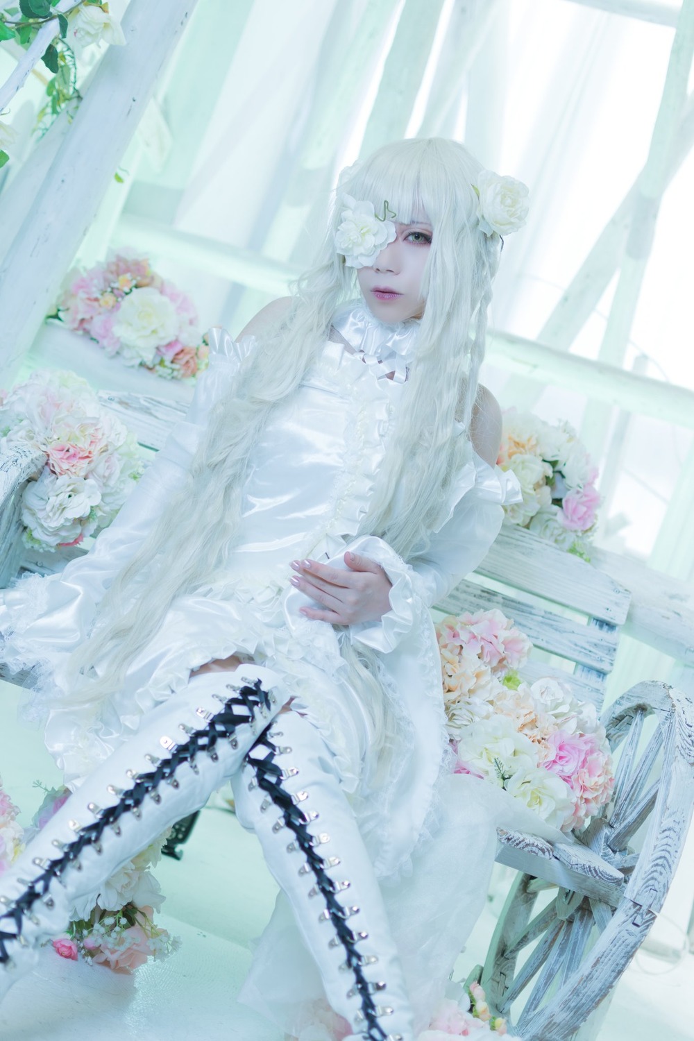 1girl bangs bird blue_eyes dress flower hair_flower hair_ornament indoors kirakishou lips long_hair looking_at_viewer sitting solo water white_dress white_hair window