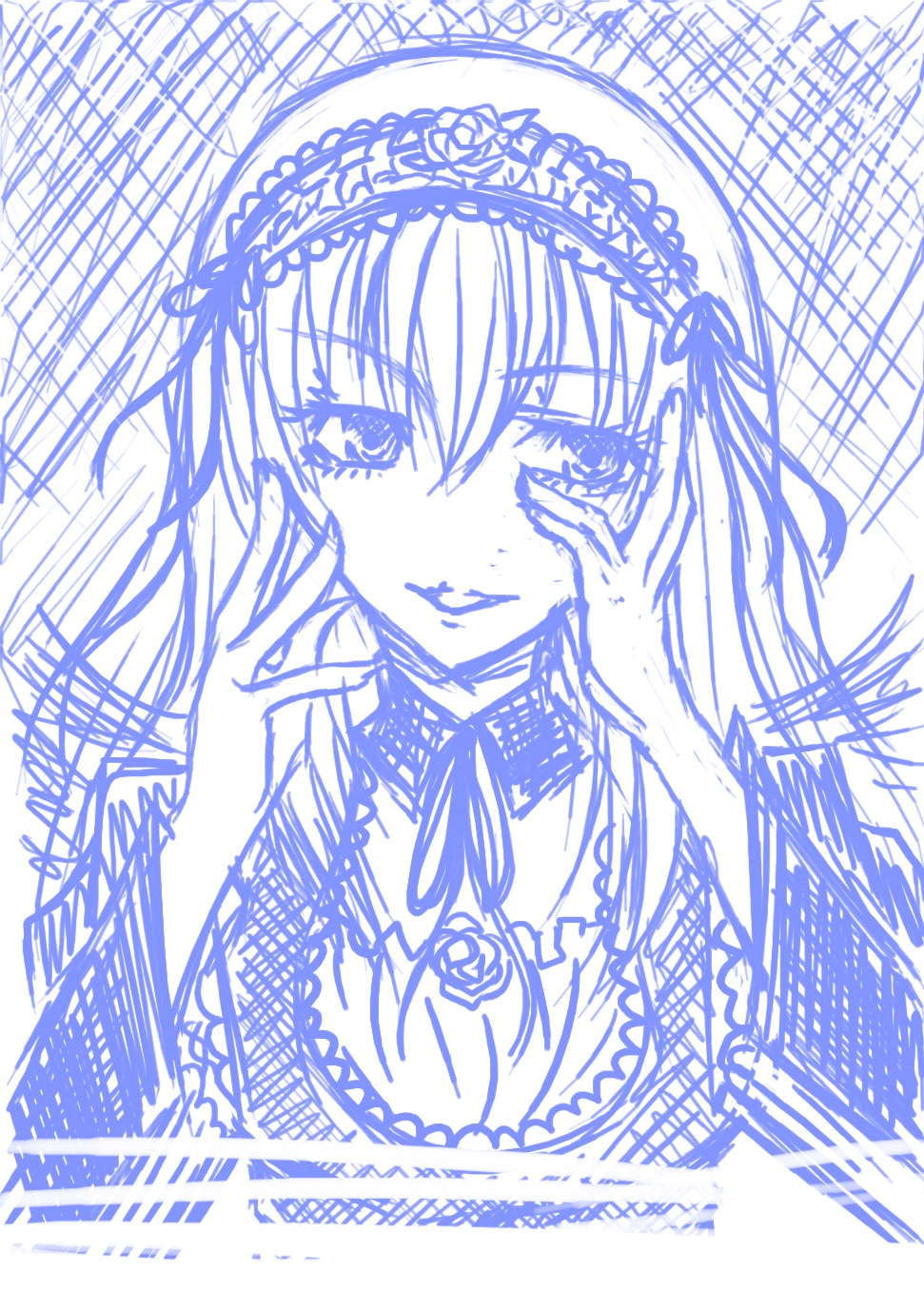 1girl blue_theme blush closed_mouth dress flower frills hairband hands_on_own_cheeks hands_on_own_face image long_hair long_sleeves looking_at_viewer monochrome solo suigintou upper_body