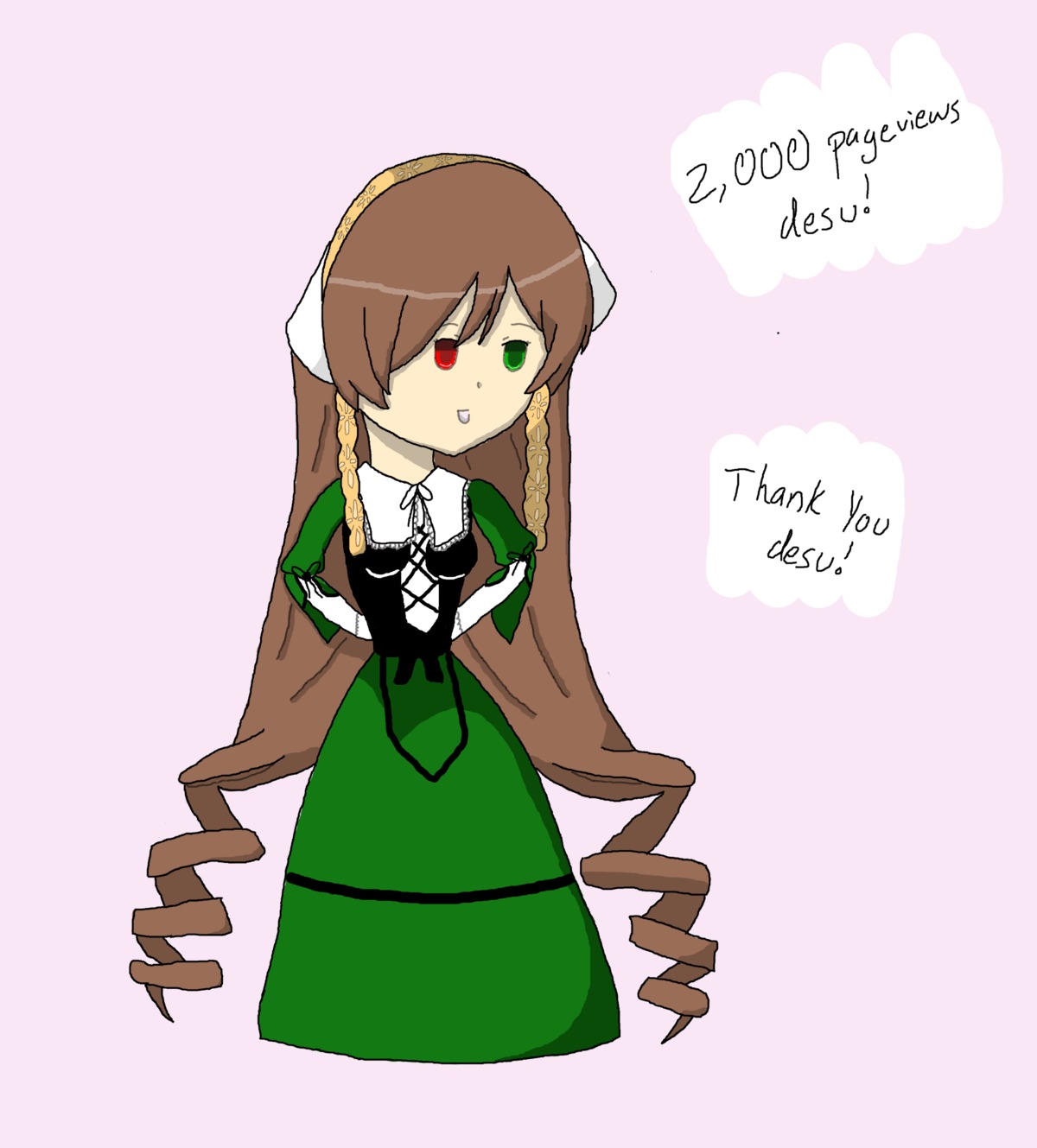 1girl brown_hair dress english_text green_dress green_eyes head_scarf heterochromia image long_hair long_sleeves looking_at_viewer red_eyes simple_background solo suiseiseki twin_braids very_long_hair