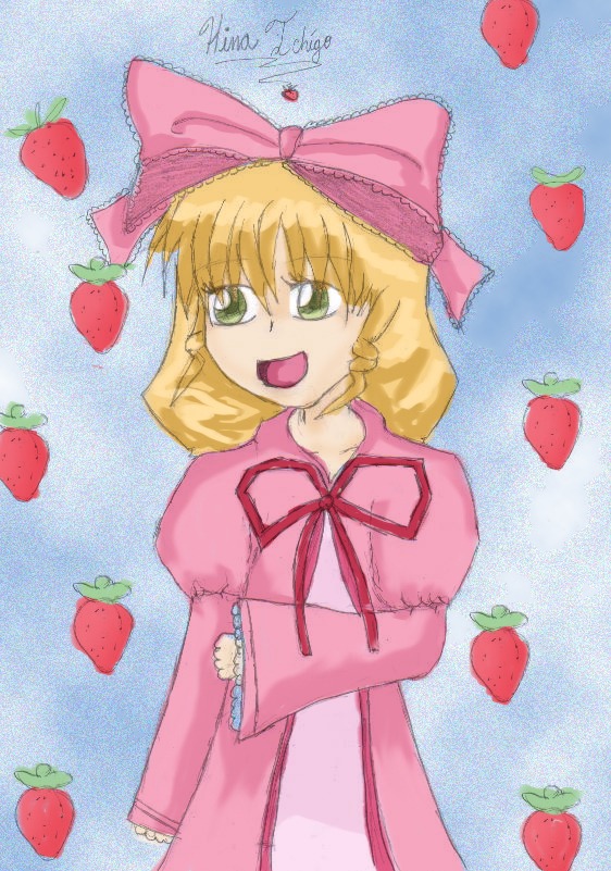 1girl apple blonde_hair bow cherry dress food food_print fruit grapes green_eyes hina_ichigo hinaichigo holding_fruit image long_sleeves melon object_namesake open_mouth orange pink_bow ribbon smile solo strawberry strawberry_hair_ornament strawberry_print tomato watermelon
