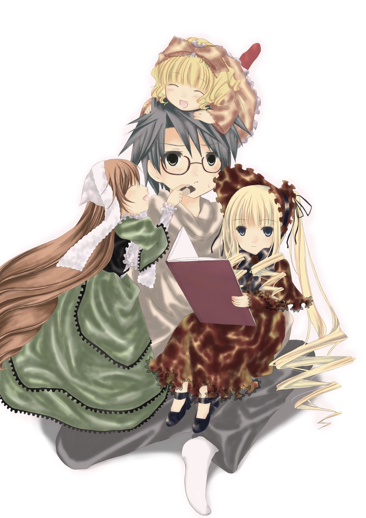 1boy blonde_hair blush bonnet book brown_hair closed_eyes dress drill_hair glasses image long_hair long_sleeves multiple multiple_girls shinku siblings sisters suiseiseki tagme very_long_hair
