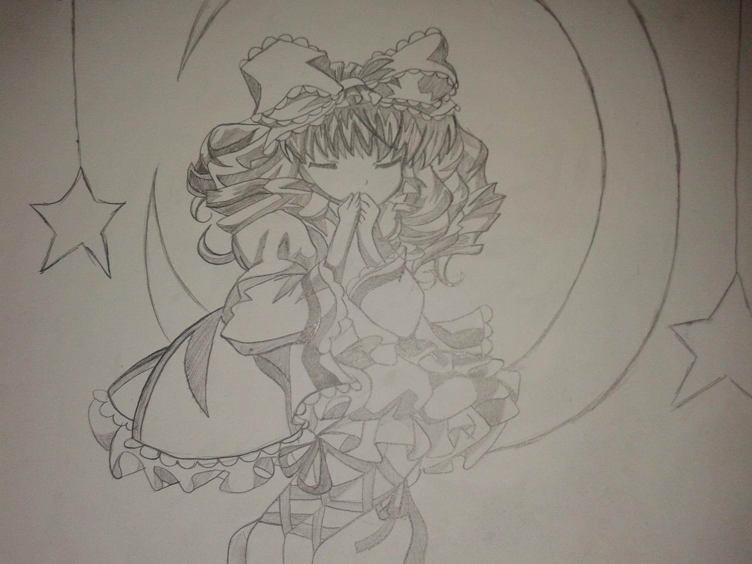 1girl bow closed_eyes detached_sleeves frills greyscale hair_bow hair_tubes hakurei_reimu hinaichigo image lineart long_hair monochrome photo solo star_(symbol) traditional_media wide_sleeves