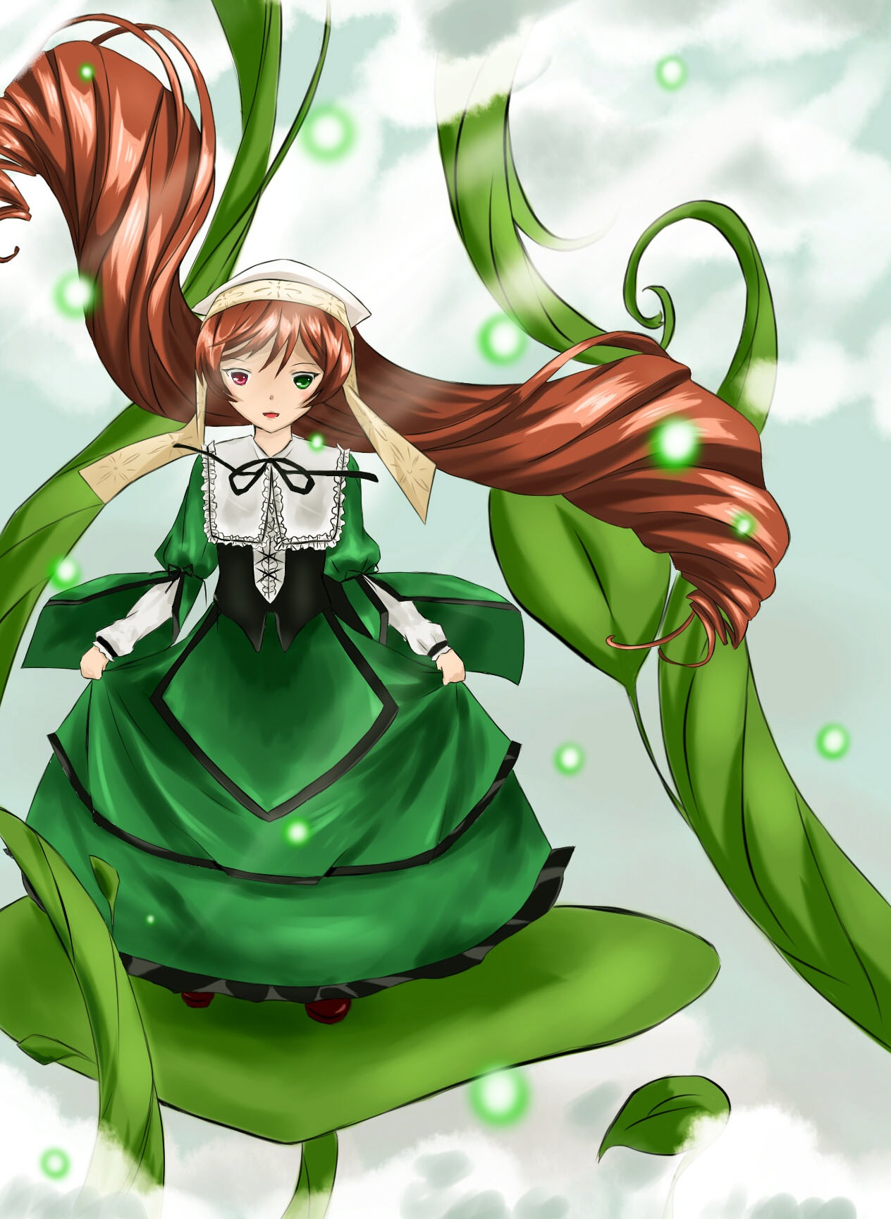 1girl :d brown_hair dress drill_hair full_body green_dress green_eyes heterochromia image leaf long_hair long_sleeves looking_at_viewer open_mouth red_eyes smile solo suiseiseki twin_drills twintails very_long_hair watering_can