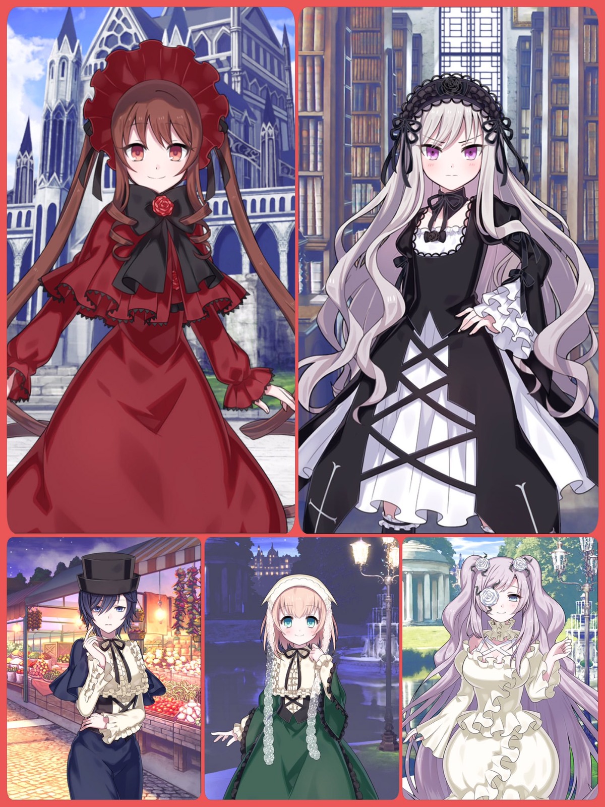 4girls black_headwear blonde_hair bonnet bow brown_hair building capelet day dress eyebrows_visible_through_hair flower gothic_lolita hairband hat image lolita_fashion long_hair long_sleeves looking_at_viewer multiple multiple_girls outdoors purple_eyes red_dress red_eyes rose sleeves_past_wrists smile tagme twintails very_long_hair wide_sleeves