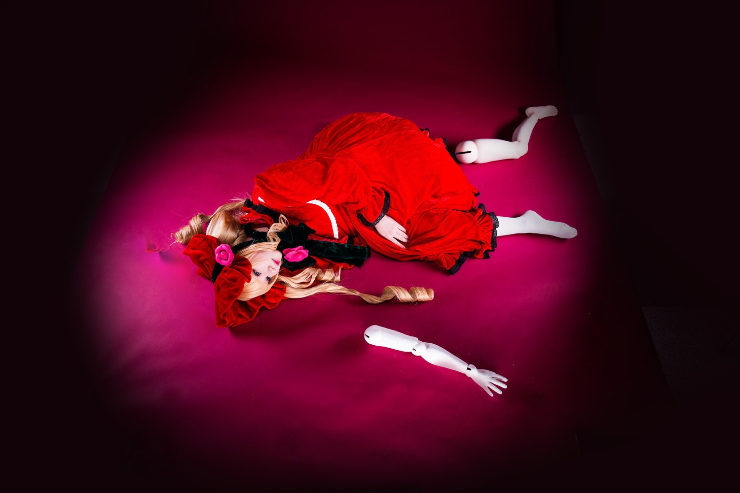 1girl blonde_hair bow dress flower red_dress rose shinku solo