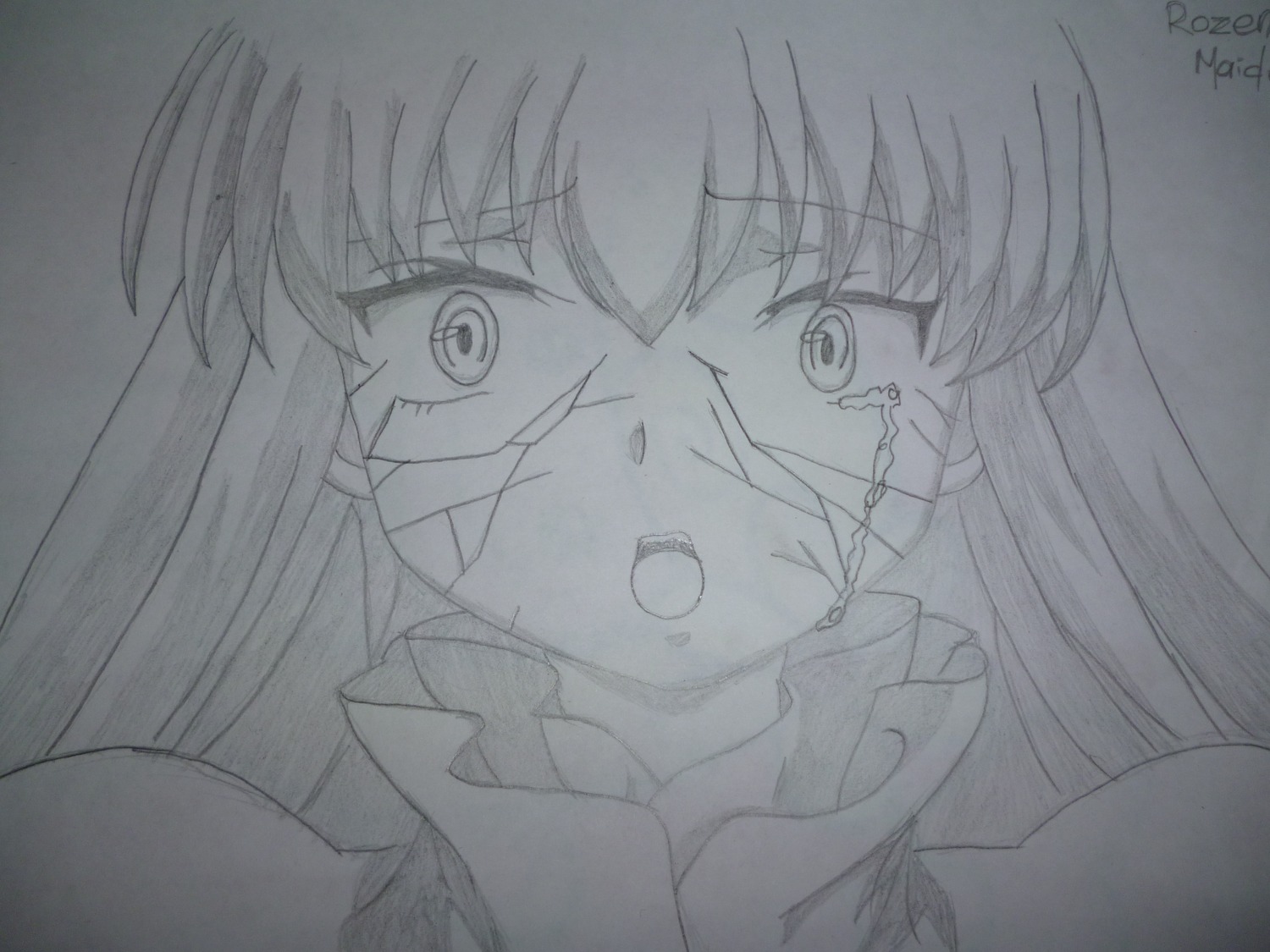 1girl barasuishou crying eyebrows_visible_through_hair greyscale image long_hair looking_at_viewer monochrome open_mouth solo tears traditional_media