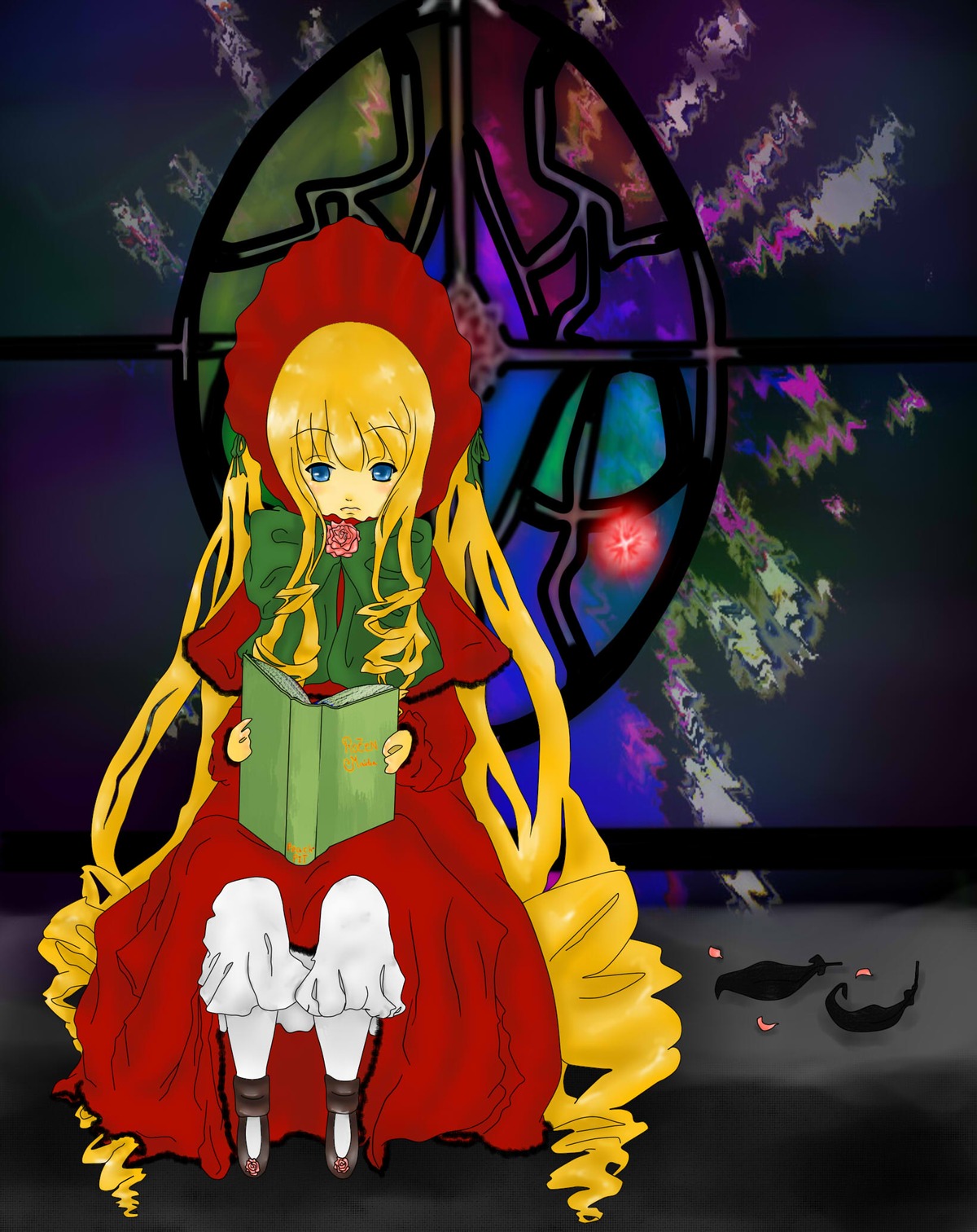 1girl barefoot blonde_hair blue_eyes dress flower image long_hair long_sleeves looking_at_viewer red_dress rose shinku sitting solo throne