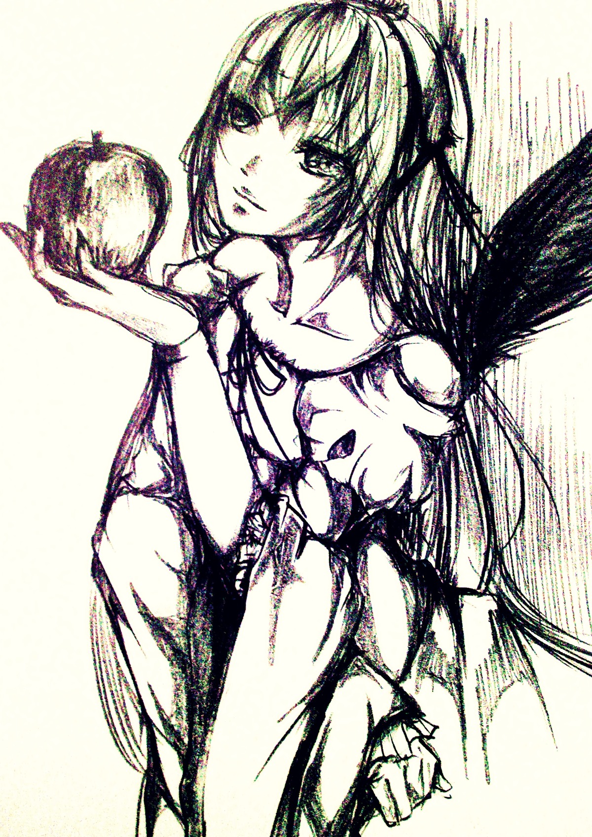 1girl bangs food image long_hair looking_at_viewer monochrome solo suigintou very_long_hair wings
