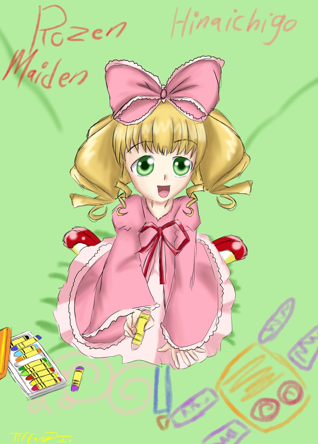 1girl :d blonde_hair bow dress drill_hair full_body green_background green_eyes hina_ichigo hinaichigo image long_sleeves looking_at_viewer open_mouth pink_bow pink_dress smile solo