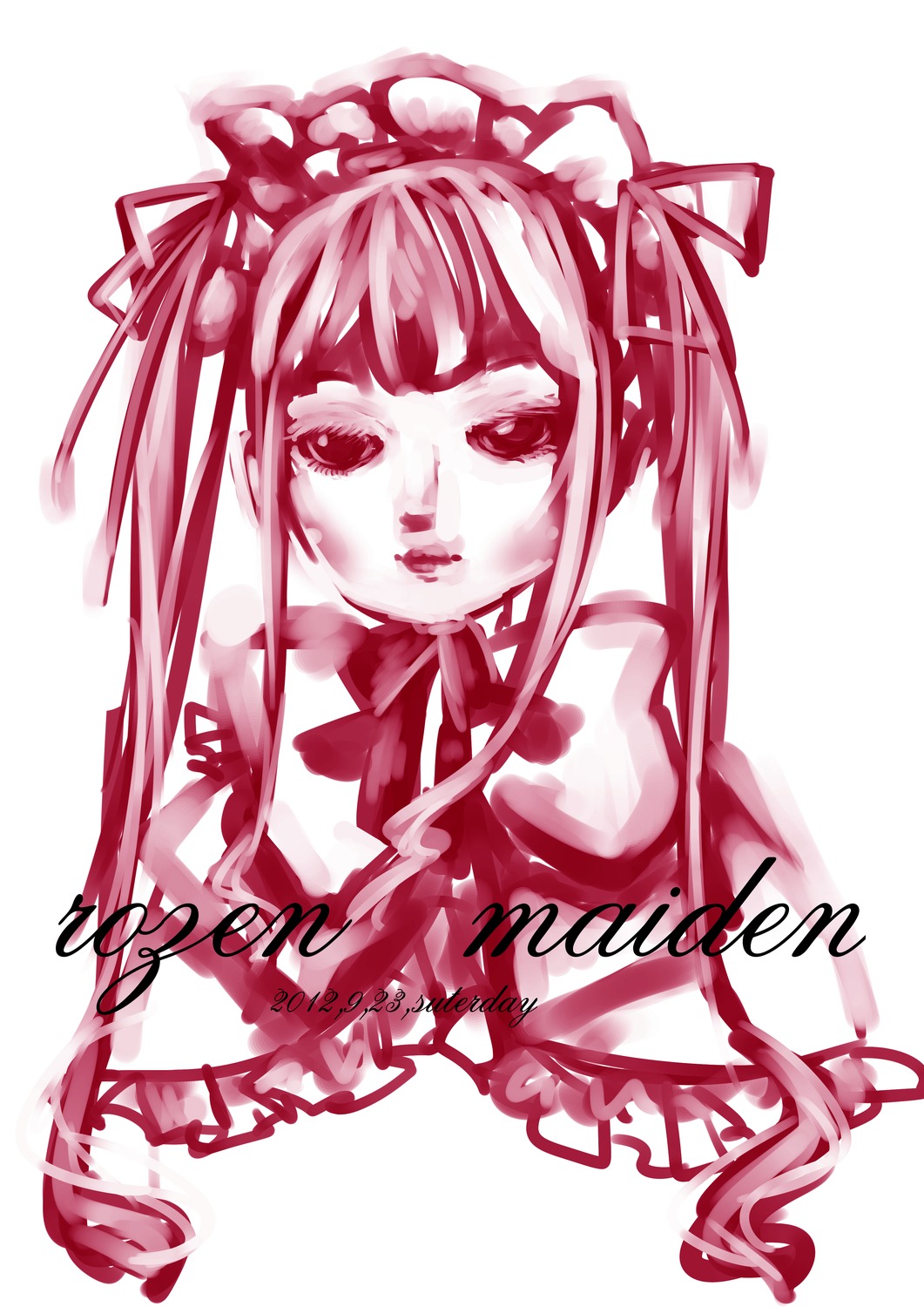 1girl bow image long_hair monochrome red_theme ribbon shinku solo striped twintails
