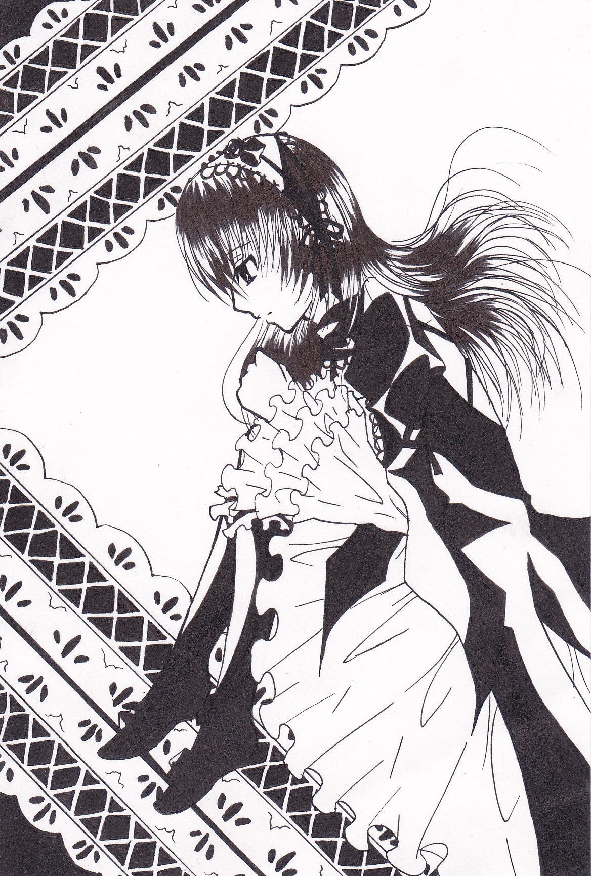 1girl dress frills greyscale image long_hair long_sleeves monochrome solo suigintou