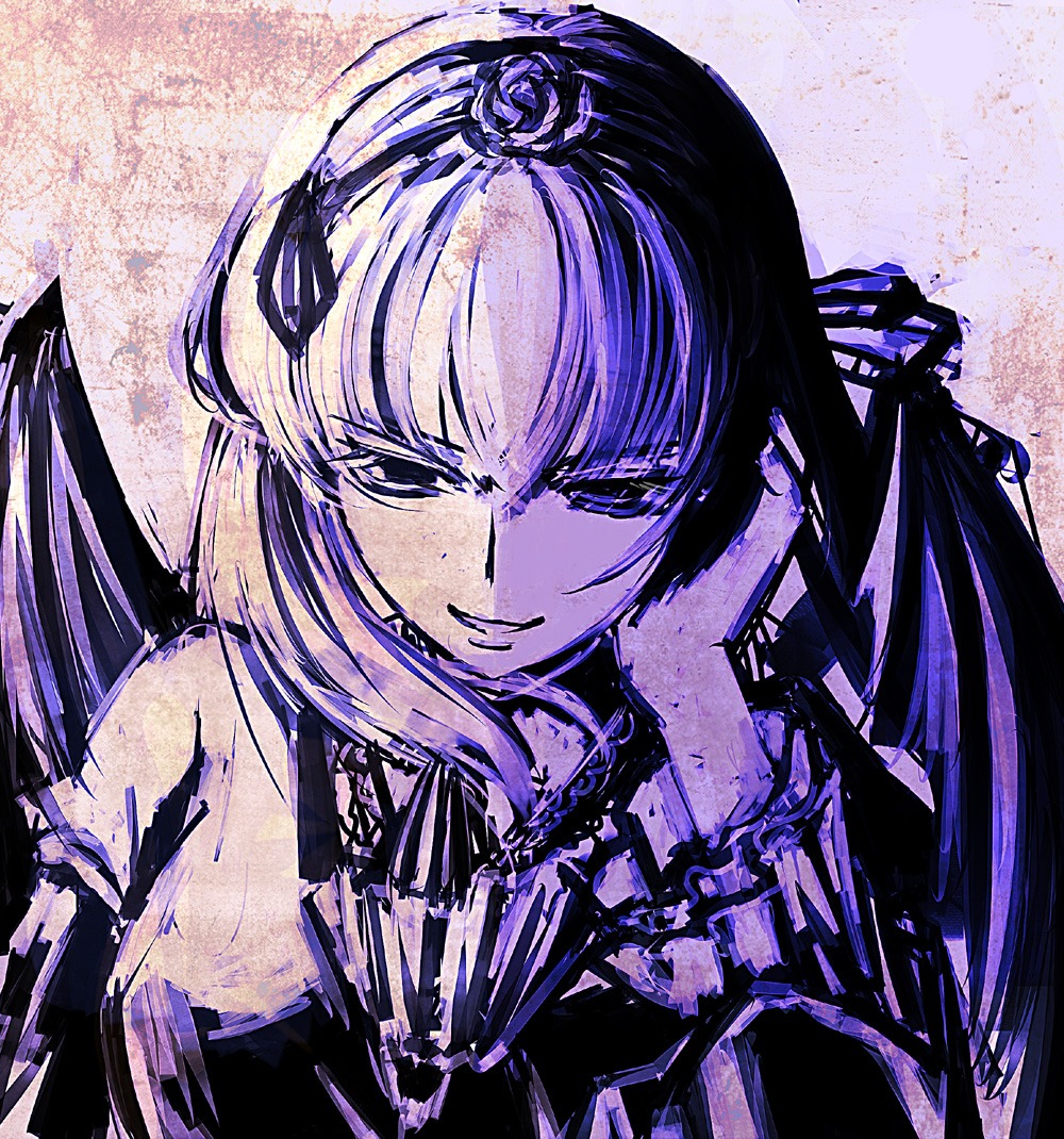 1girl commentary_request flower hair_flower hair_ornament hairband hand_on_own_face image long_hair mark_(heaven) monochrome purple_theme rose rozen_maiden smile solo suigintou wings