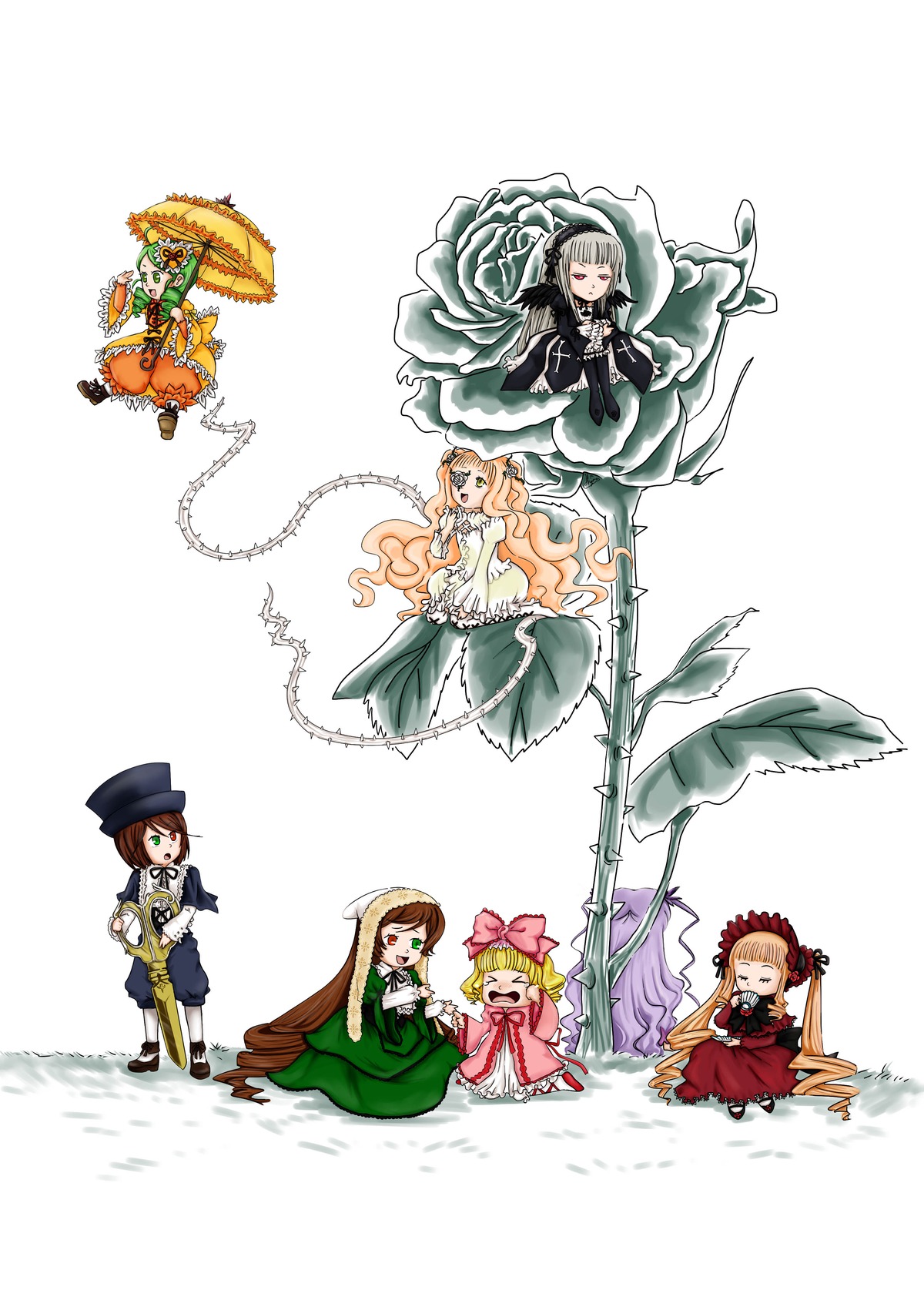 6+girls blonde_hair blue_eyes bow brown_hair closed_eyes dress flower gloves green_dress green_eyes hat heterochromia hina_ichigo image insect long_hair long_sleeves multiple multiple_girls open_mouth pink_bow short_hair smile souseiseki suiseiseki tagme top_hat umbrella very_long_hair
