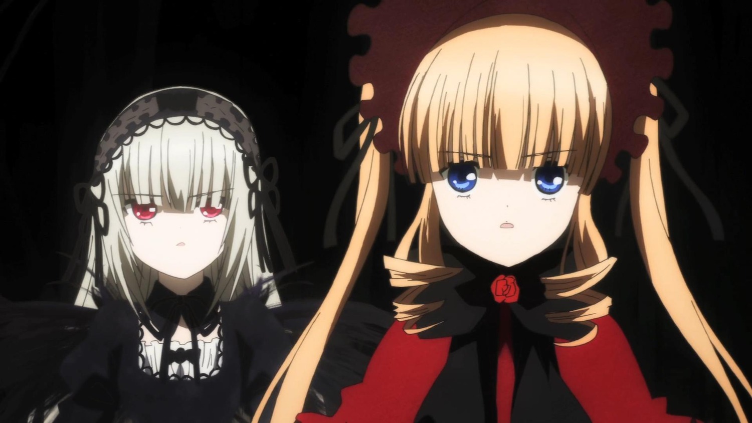 2girls blonde_hair blue_eyes bonnet bow bowtie dress drill_hair flower hairband image long_hair long_sleeves looking_at_viewer multiple_girls pair rose shinku silver_hair suigintou