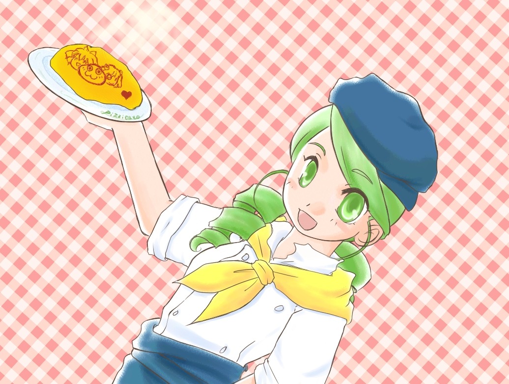 1girl apron argyle argyle_background beret checkered checkered_background checkered_floor checkered_skirt food green_eyes green_hair hat image kanaria open_mouth pizza plaid plaid_background plaid_bow plaid_dress plaid_pants plaid_skirt plaid_vest plate smile solo tile_floor tiles unmoving_pattern