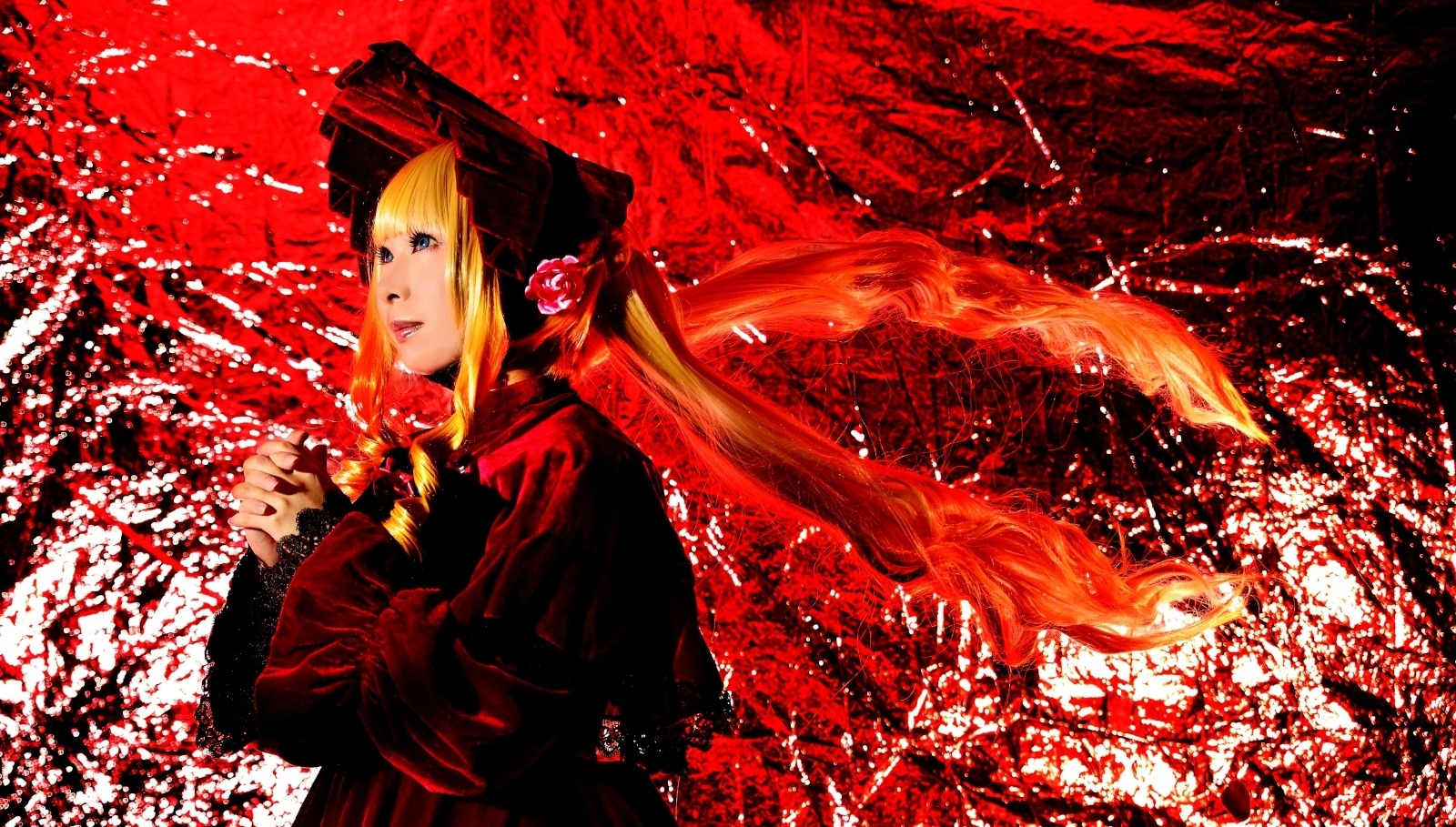 1girl autumn autumn_leaves blonde_hair blue_eyes fire long_hair long_sleeves shinku solo