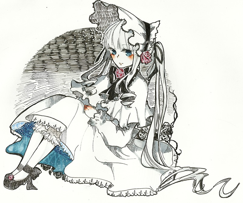 1girl animal_ears blue_eyes blush dress frills full_body hat image long_hair long_sleeves shinku sitting solo striped traditional_media very_long_hair
