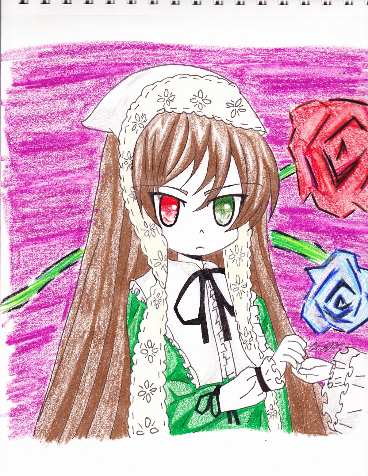 1girl black_ribbon brown_hair dress frills green_dress green_eyes head_scarf heterochromia image long_hair long_sleeves looking_at_viewer red_eyes ribbon solo suiseiseki very_long_hair