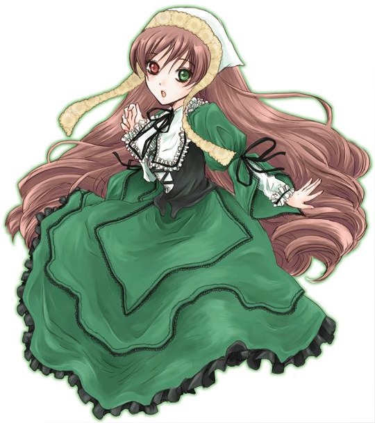 1girl :o brown_hair dress drill_hair frills green_dress green_eyes hat head_scarf heterochromia image long_hair long_sleeves looking_at_viewer open_mouth red_eyes ribbon simple_background solo suiseiseki twin_drills twintails very_long_hair white_background