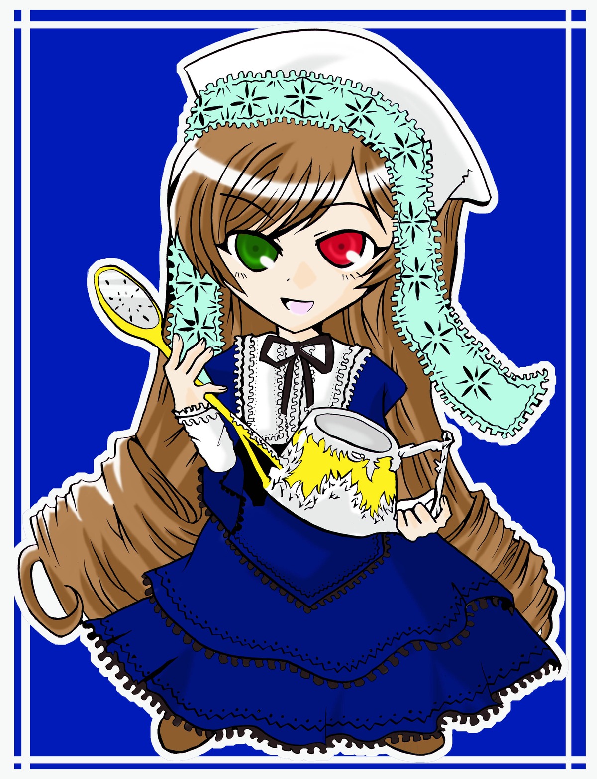 1girl :d blue_dress brown_hair dress drill_hair frills full_body green_eyes head_scarf heterochromia image long_hair long_sleeves looking_at_viewer open_mouth red_eyes ribbon simple_background smile solo suiseiseki twin_drills very_long_hair watering_can