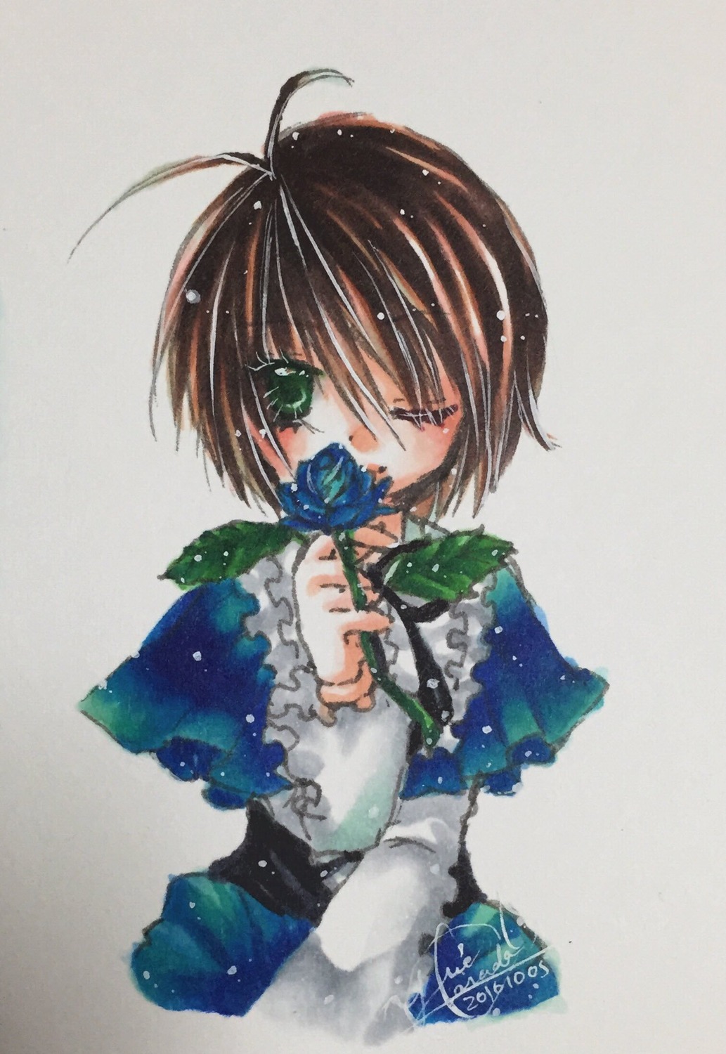 1girl artist_name blue_flower blue_rose brown_hair flower green_eyes holding holding_flower image long_sleeves looking_at_viewer rose short_hair simple_background solo souseiseki traditional_media upper_body