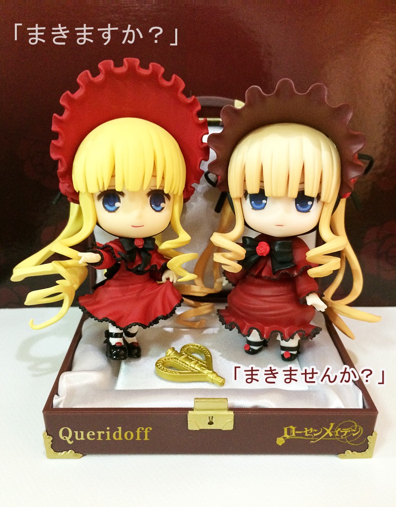 blonde_hair blue_eyes bonnet bow chibi doll dress long_hair long_sleeves looking_at_viewer multiple_girls shinku shoes solo