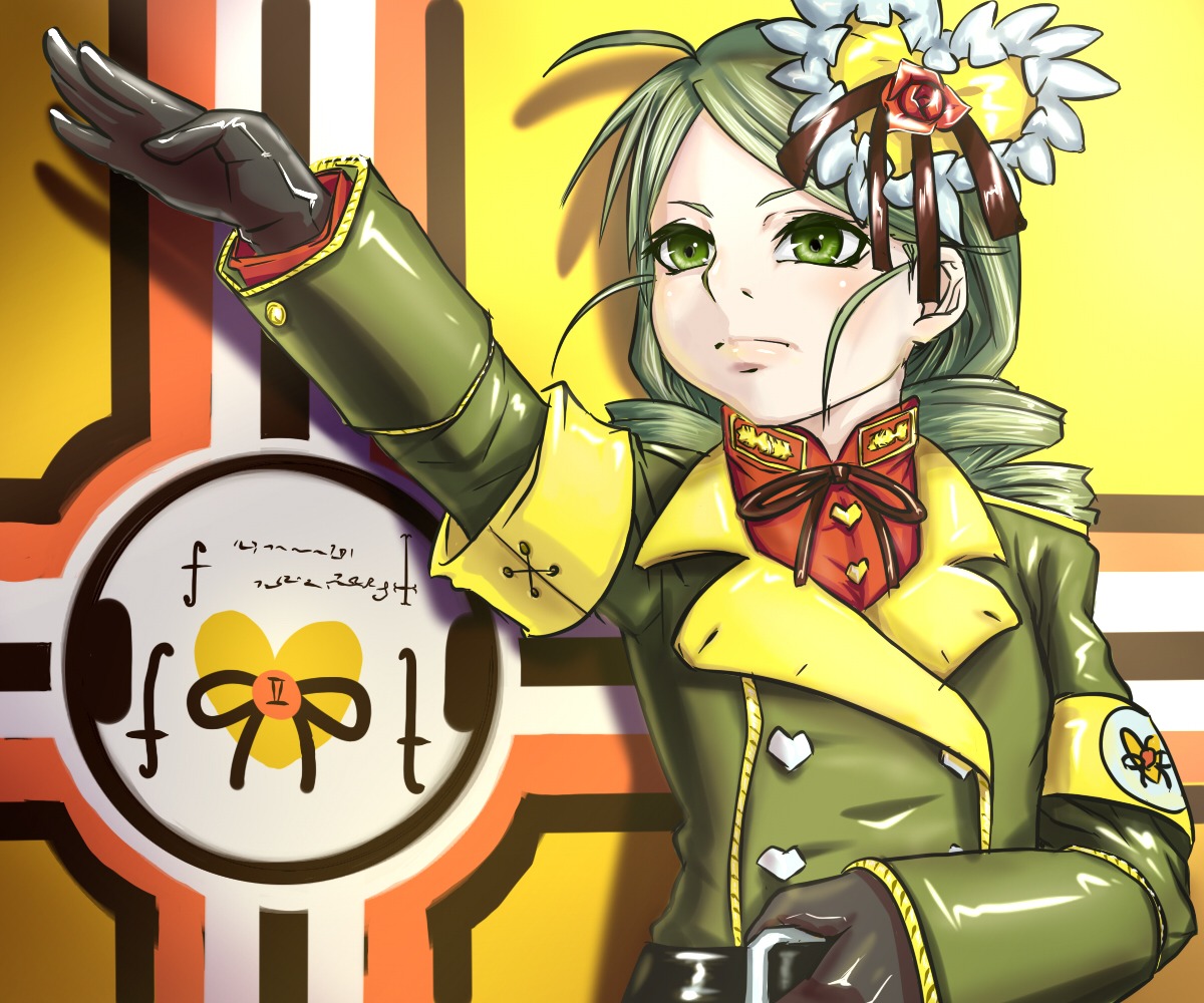 1girl black_gloves bow bowtie drill_hair gloves green_eyes green_hair image jacket kanaria long_hair long_sleeves solo upper_body