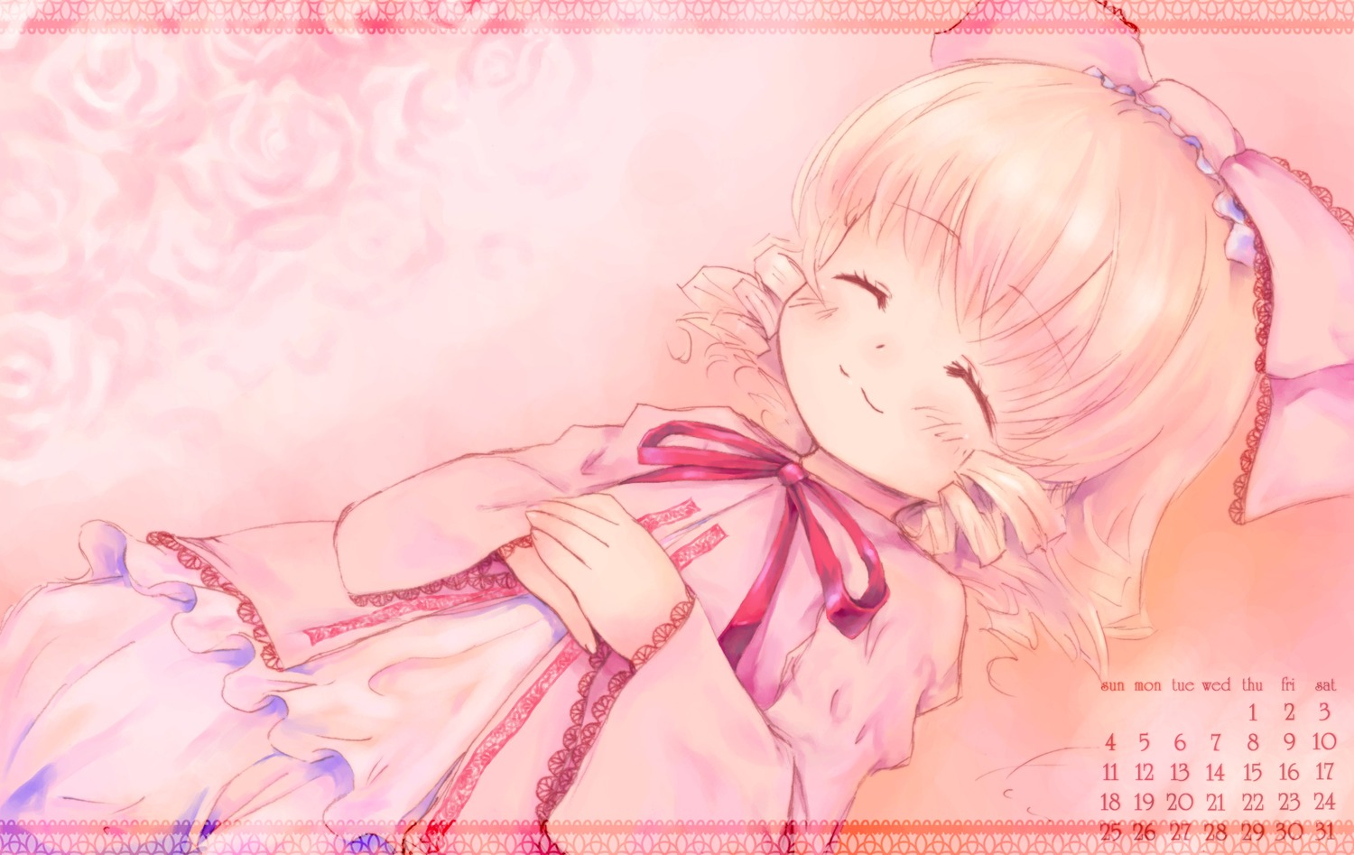 1girl blonde_hair blush bow closed_eyes dress frills hair_bow hina_ichigo hinaichigo image long_sleeves pink_theme ribbon short_hair smile solo striped watermark web_address wide_sleeves