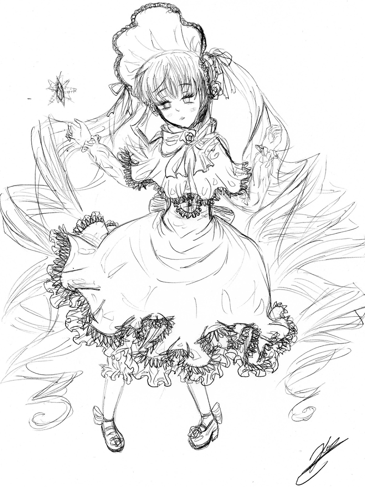 1girl blush dress frills greyscale image long_hair monochrome shinku signature sketch solo twintails