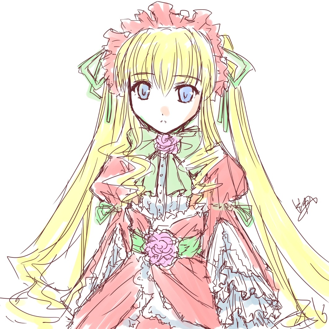 1girl bangs blonde_hair blue_eyes bow bowtie dress flower frills image long_hair long_sleeves looking_at_viewer oekaki pink_flower red_dress rose shinku signature simple_background solo very_long_hair white_background