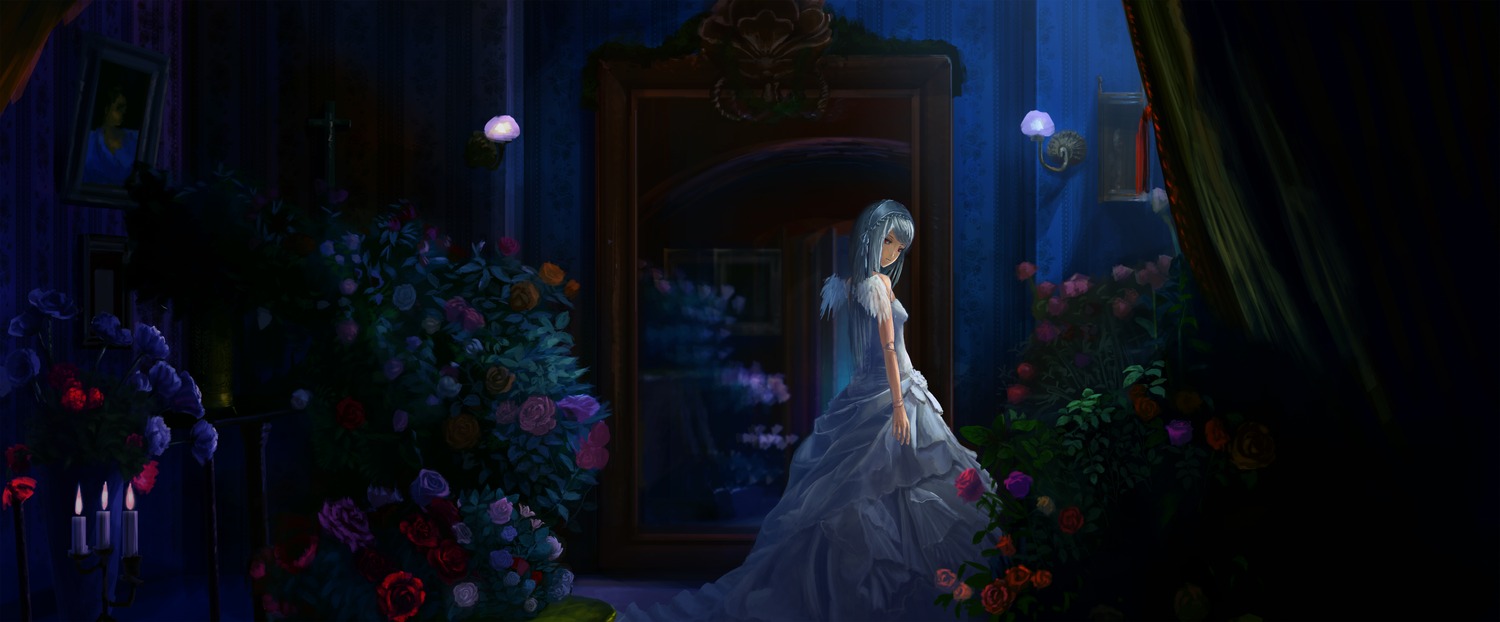 1girl absurdres bouquet candle commentary_request dark dress flower highres image indoors long_hair looking_at_viewer peko_(akibakeisena) photoshop_(medium) plant red_flower red_rose rose rozen_maiden sketch solo standing suigintou veil wedding_dress white_dress window