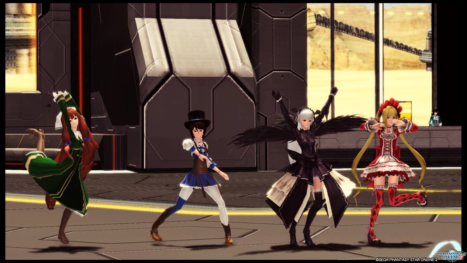 5girls blonde_hair dress gun hat image letterboxed long_hair multiple multiple_girls red_hair short_hair tagme tail thighhighs weapon wings