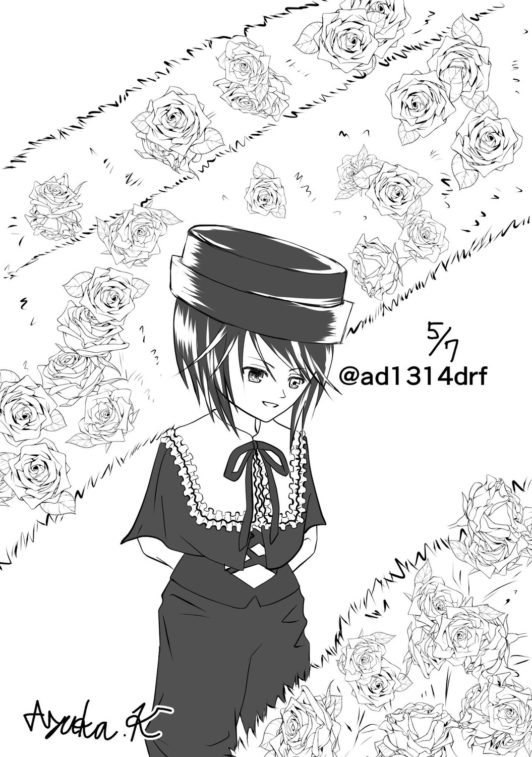 1girl blush bouquet flower greyscale hat image monochrome ribbon rose short_hair smile solo souseiseki thorns white_flower white_rose