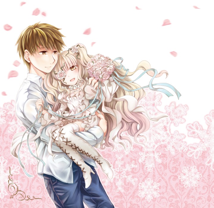 1boy 1girl ai_(creamcaramel) blush boots bouquet brown_eyes brown_hair carrying commentary_request couple dress eyepatch flower frills image kirakishou long_hair open_mouth pants petals pink_hair princess_carry ribbon rose rozen_maiden sakurada_jun short_hair smile solo thighhighs very_long_hair white_rose yellow_eyes