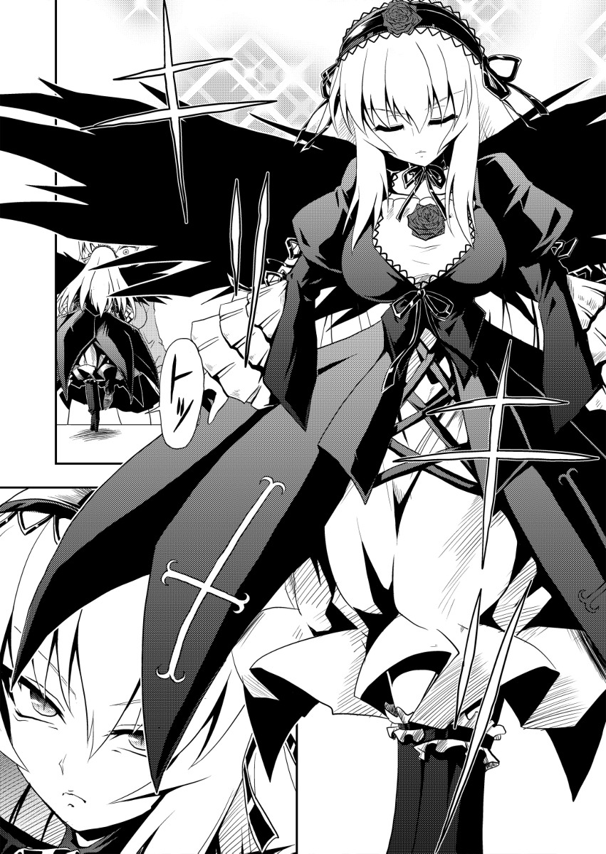 2girls breasts comic dress greyscale hairband image large_breasts long_hair long_sleeves monochrome multiple_girls ribbon solo suigintou wings