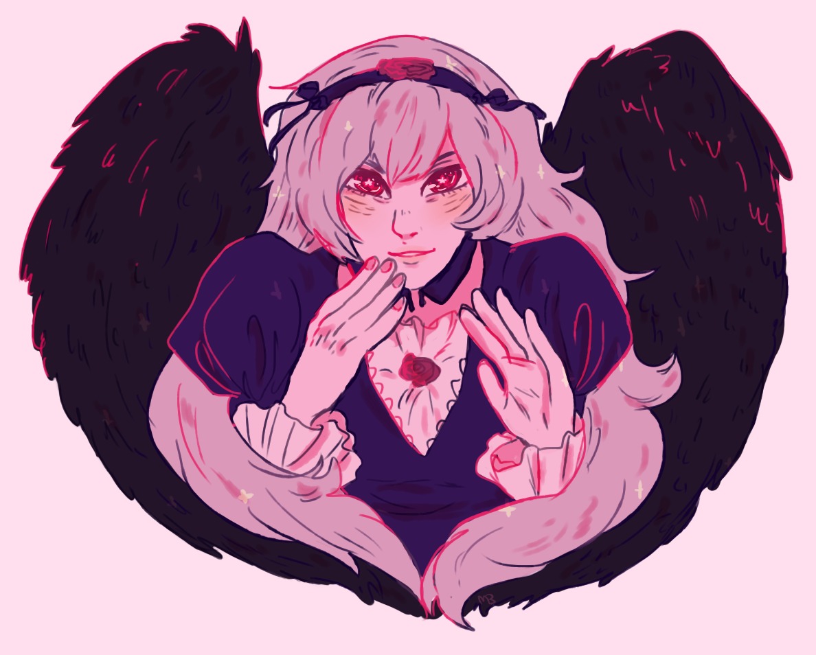 1girl blood hairband image long_hair looking_at_viewer nail_polish pink_background puffy_sleeves red_eyes smile solo striped striped_background suigintou upper_body vertical_stripes wings