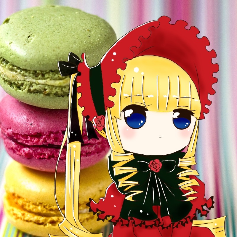 1girl blonde_hair blue_eyes blush bonnet bow chibi dress drill_hair flower full_moon image long_hair long_sleeves looking_at_viewer moon rose shinku solo