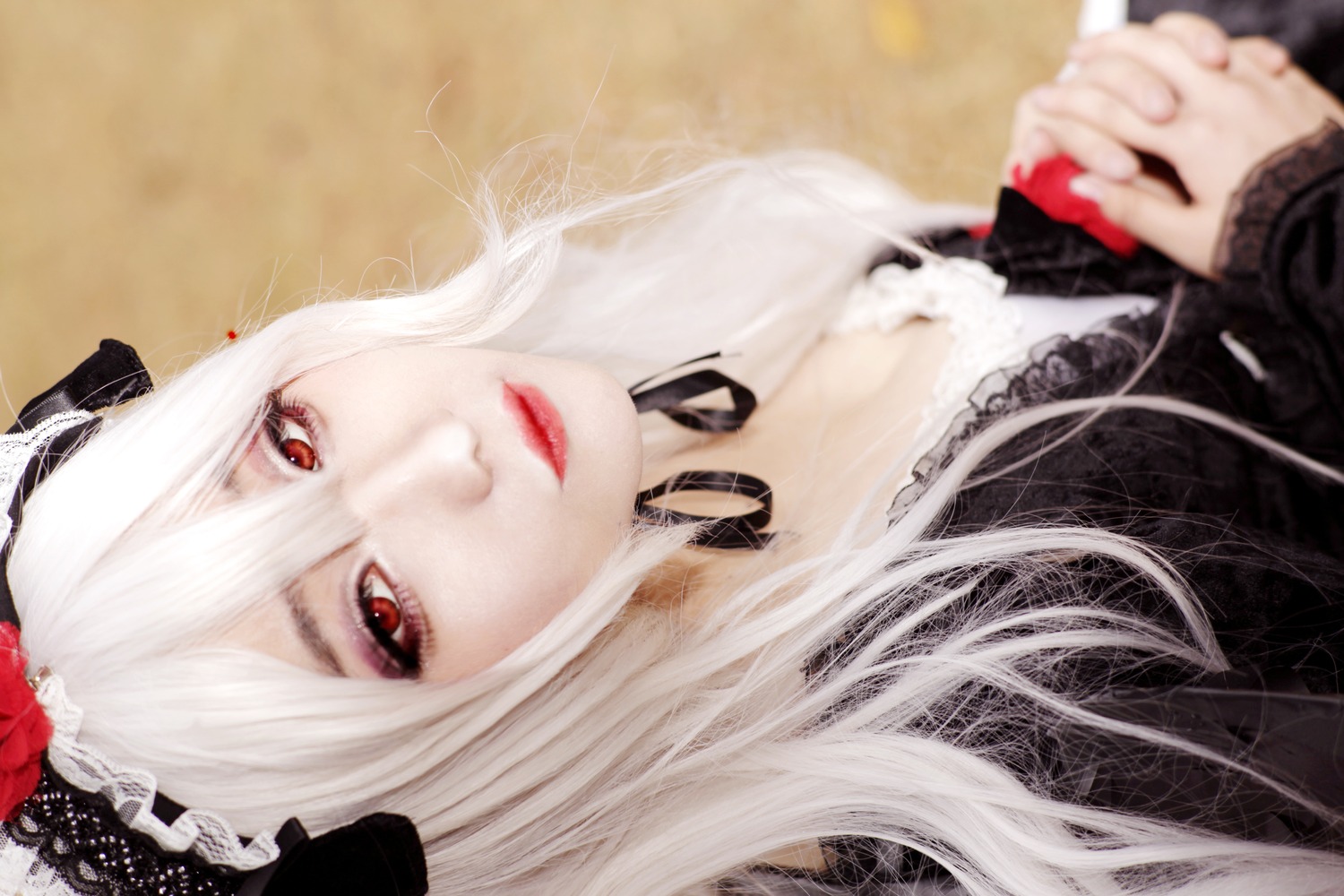 1girl auto_tagged blurry blurry_foreground depth_of_field dress flower frills gothic_lolita hairband holding_hands lips lolita_fashion lolita_hairband long_hair looking_at_viewer photo red_eyes solo suigintou white_hair